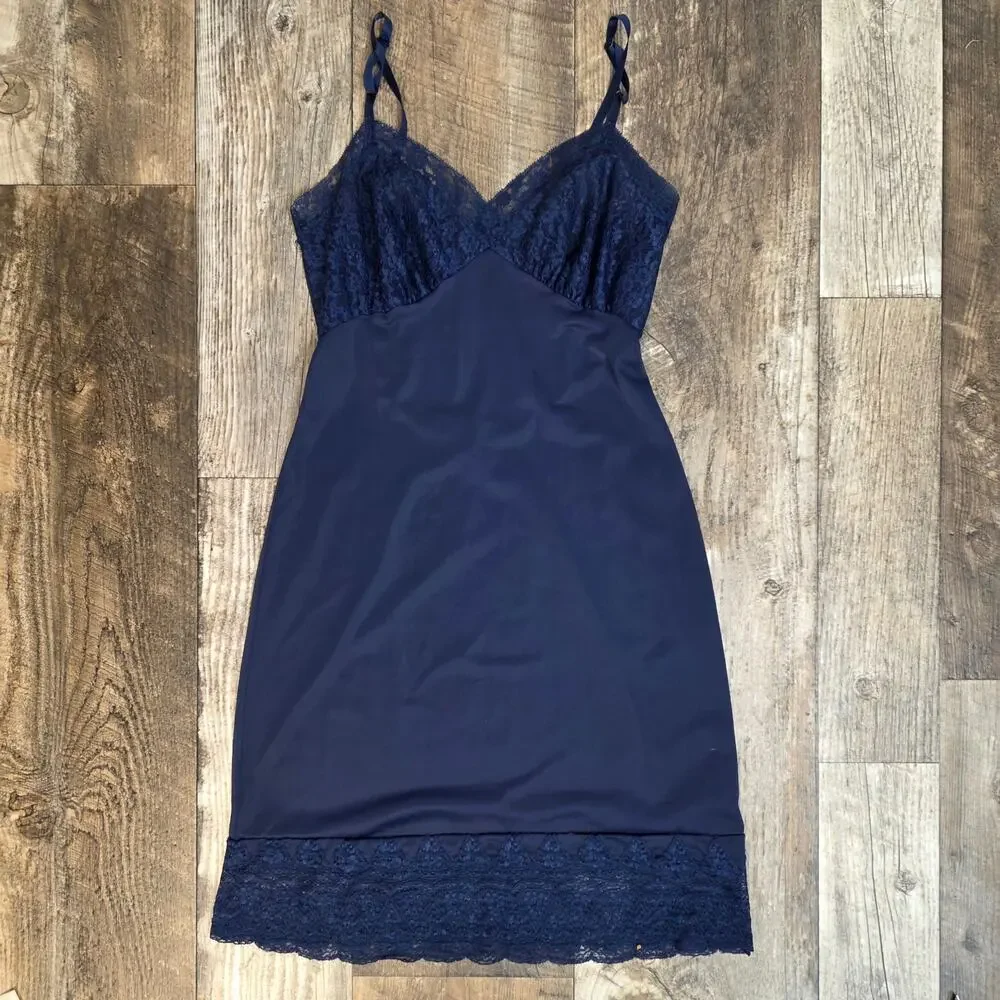 Vintage Navy Sheer Lace Slip Dress Midi Lingerie Dark Coquette Romantic - Picture 6 of 8